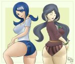 2_girls absurdres ass blue_eyes blue_hair booty_shorts clothed dracaena_(pokemon) drasna elite_four falkeart female female_only freckles hentai-foundry lana&#039;s_mother looking_at_viewer milf nintendo non-nude pokemon pokemon_(anime) pokemon_(game) pokemon_sm pokemon_xy purple_lipstick sideboob thick_thighs wide_hips