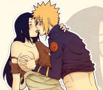 1boy 1girl big_breasts black_hair blonde_hair blue_eyes blush breast_grab breast_squeeze breasts closed_eyes clothed clothing erection female french_kiss imminent_sex indrockz indy_riquez kissing lifting long_hair male male/female mikoto_uchiha minato_namikaze naruto naruto_(series) naruto_shippuden nipples panties standing straight tongue tongue_out