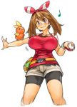 bike_shorts bike_shorts_under_shorts blue_eyes bouncing_breasts brown_hair fully_clothed haruka_(pokemon) haruka_(pokemon)_(remake) large_breasts motion_lines musical_note pokemon pokemon_(game) pokemon_oras sachito shorts spats spats_under_shorts torchic