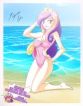  1girl beach female female_only friendship_is_magic humanized kneeling long_hair looking_at_viewer mostly_nude my_little_pony on_knees one-piece_swimsuit outdoor outside princess_cadance solo swimsuit three-tone_hair 