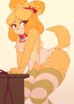  1girl 1girl 2017 animal_crossing anthro areola blush breasts canine clothing dog dotted_background eyelashes furry hair high_res isabelle_(animal_crossing) legwear lonelycross looking_at_viewer mammal nintendo nipples pattern_background shih_tzu simple_background stockings striped_legwear stripes sweat video_games white_background 