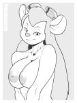  1girl areola big_breasts big_ears breasts chip_&#039;n_dale_rescue_rangers disney gadget_hackwrench goggles goggles_on_head long_hair looking_at_viewer monochrome mouse nipples nude reishuseyu rescue_rangers rodent simple_background smile 