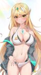 1girl 2021 alluring bangs bare_legs belly_button bikini black_bikini black_jacket blonde_hair blush breasts core_crystal female_focus female_only gold_eyes hair_ornament hand_on_chest high_res hips huge_breasts jacket long_hair looking_at_viewer mythra nintendo open_jacket simple_background slim_waist smile smiling_at_viewer swept_bangs swimsuit thick_thighs thighs tiara tongue tongue_out very_long_hair white_background white_bikini wide_hips xenoblade_(series) xenoblade_chronicles_2 yellowgua