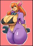  1girl 1girl 2017 anthro big_breasts black_border blue_eyes border breasts buckteeth chip_&#039;n_dale_rescue_rangers clothed clothing disney eikasianspire eyewear furry gadget_hackwrench goggles hair hands_behind_head high_res huge_breasts long_hair mammal mouse open_mouth orange_hair pink_nose rodent simple_background teeth tools wrench 