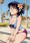  1girl beach big_breasts blue_nails breasts cleavage collarbone female female_only flower gorillaz hair_flower hair_ornament nail_polish noodle_(gorillaz) painted_nails panties sitting solo striped_panties therealshadman 