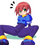  1girl aile blush bodysuit breasts brown_hair cameltoe green_eyes latex megaman megaman_zx no_panties no_pants noticed oekaki pussy short_hair sitting small_breasts spandex thighs white_background 