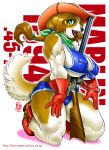  1girl anthro big_breasts black_nose boots breasts canine clothed clothing cowboy_hat dog eyelashes footwear furry gloves gun hands_on_thighs hat huge_breasts kuro-gane looking_at_viewer mammal open_mouth ranged_weapon rifle shorts skimpy teeth thick_bottom_lip tongue underboob weapon 