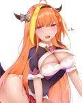  1girl bent_over big_breasts blush breasts fangs heart hololive horns kiryuu_coco long_hair looking_at_viewer mituba open_shirt orange_hair red_eyes tail virtual_youtuber 