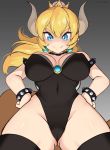  1girl big_breasts blonde_hair bowsette breasts crown horns leotard long_hair revealing_clothes super_mario_bros. 