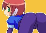  1girl aile all_fours anus ass bent_over blush bodysuit brown_hair from_behind green_eyes latex looking_at_viewer looking_back lowres mega_man_zx megaman megaman_zx no_panties no_pants oekaki pussy robot_ears short_hair spandex yellow_background 