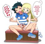  &lt;3 1_boy 1_female 1_girl 1_male 2_humans alternate_hair_style alternate_hairstyle ash_ketchum bar_censor black_hair blonde_hair bottomless censored closed_eyes clothed duo english english_text erection female female_human female_teen from_behind green_eyes hair handjob heart human human/human human_only kousaka_jun lillie lillie_(pokemon) long_hair male male/female male_human male_teen penis penis_grab pokemon pokemon_(anime) pokemon_sm satoshi_(pokemon) sex shirt sitting speech_bubble spread_legs striped striped_shirt teen testicles text translated 