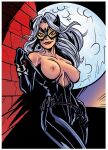 1girl against_wall belt black_cat black_cat_(marvel) black_clothing bodysuit breasts felicia_hardy female_only looking_at_viewer marvel marvel_comics night nipples spider-man_(series) ultimate_spider-man undressing white_hair