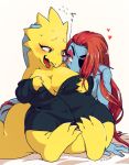 alphyne alphys anthro anthro_only big_breasts blue_body blue_skin breasts canon_couple chubby female female_anthro female_only fish furry lesbian lizard undertale undertale_(series) undyne unphys white_background yellow_body yellow_skin yuri