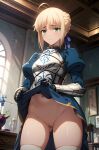 armored_dress artoria_pendragon artoria_pendragon_(fate) blonde_hair bottomless fate_(series) green_eyes lifted_by_self lifting_dress long_hair looking_at_viewer looking_down nekom14 no_panties pussy white_thighhighs