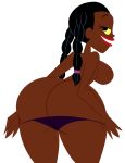  1girl ass ass_crack bent_over bikini black_hair breasts dark_skin extra_thicc extra_thicc_rave_girl lipstick long_hair looking_back rave_girl_(samurai_jack) red_lipstick samurai_jack smile topless undressing white_background wide_hips yellow_eyes 