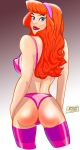  ass bra breasts daphne_blake hairband looking_back panties partially_clothed red_hair scooby-doo stockings 