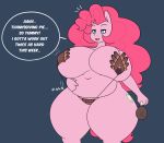 1girl anthro belly big_breasts blue_eyes breasts clothed clothing cutie_mark earth_pony english_text equine fan_character friendship_is_magic furry hair hand_on_stomach holidays horse huge_breasts hugtastic_pinkie_pie jiggle mammal my_little_pony navel pink_hair pinkie_pie_(mlp) pony simple_background skimpy somescrub text thanksgiving thick_thighs wide_hips 