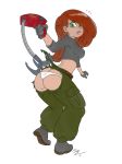  1girl 2017 ass ass_crack blush boots disney flying_sweatdrops funny gloves green_eyes kim_possible kimberly_ann_possible long_hair looking_back orange_hair panties ripped_clothes surprise wardrobe_malfunction white_background white_panties 