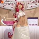  1girl 1girl 2017 anthro areola breasts clothed clothing dress english_text equestria_girls equine furry hair horn kevinsano long_hair mammal multicolored_hair multicolored_tail my_little_pony navel one_eye_closed panties patreon sunset_shimmer_(eg) text two_tone_hair underwear unicorn wedding_dress 