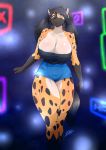  1girl 1girl 2016 anthro big_breasts black_hair breasts brown_eyes cleavage clothed clothing ear_piercing erect_nipples furry hair high_res huge_breasts hyena jewelry long_hair looking_at_viewer mammal nipple_bulge nipples piercing pigtails ryousakai shirt shorts skimpy smile spots spotted_hyena standing thick_thighs 