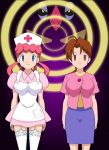  big_breasts breasts delia_ketchum empty_eyes female hanako_(pokemon) jimryu jimryu_(artist) joy_(pokemon) malamar milf mind_control nurse nurse_cap nurse_joy nurse_uniform pink_hair pokemon 