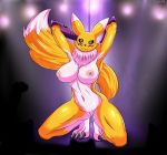 1girl 2017 anthro big_breasts black_sclera blue_eyes blush breasts canine chest_tuft chippo claws crouching dancing digimon female_renamon fox fur furry hands_behind_head inside looking_at_viewer mammal nipples nude pole pole_dancing pussy renamon smile stripper stripper_pole tuft wide_hips