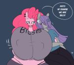  1girl anthro big_breasts blue_eyes breasts clothed clothing ear_piercing earth_pony english_text equine fan_character friendship_is_magic furry hair hairclip horse huge_breasts hugtastic_pinkie_pie jiggle mammal maud_pie_(mlp) midriff my_little_pony navel nipple_bulge piercing pink_hair pinkie_pie_(mlp) pony purple_hair simple_background slightly_chubby somescrub speech_bubble text wide_hips 