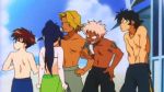  00s 4boys 5girls anime ass beach bikini black_hair blonde_hair blue_hair breasts brown_hair character_request closed_eyes clothed_male_nude_female embarrassing gif long_hair mahoromatic necklace nipples nude ponytail running shocked short_hair surprise surprised swim_trunks tan tan_line watching 