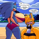  1girl 2017 anthro ass beach big_ass big_breasts bikini blue_eyes blush breasts canine clothing crossgender denizen1414 dreamcastzx1 fox furry green_eyes grin hedgehog huge_breasts huge_thighs mammal miles_&quot;tails&quot;_prower outside seaside sega small_breasts smile sonic_the_hedgehog swimsuit thick_thighs tight_swimsuit voluptuous water wide_hips 