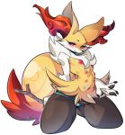  1girl 1girl areola belly big_ears black_fur blue_panties blush braixen breasts canine claws eyelashes female_only fox furry holding kneel looking_at_viewer multi_breast multiple_nipples navel nintendo nude orange_fur pawpads pokemon pokemon_xy red_eyes stick tail text topless venusflowerart white_background white_fur 