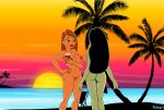 2_girls ass beach big_breasts black_hair female_only fnbman kim_possible kimberly_ann_possible looking_at_each_other nipples nude ocean palm_tree pubic_hair pussy redhead shego sky sunset tropical wine wine_glass