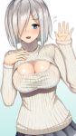  big_breasts blush cleavage embarrassed flying_sweatdrops hair_over_one_eye hamakaze_(kantai_collection) hand_on_chest kantai_collection open-chest_sweater sweater wave waving 