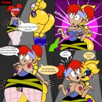  2_girls animatronic breast_squeeze breasts cleaning_lady comic dexter&#039;s_laboratory dexter&#039;s_mom dialogue fat_ass five_nights_at_freddy&#039;s_2 hand_on_pussy huge_breasts pyramid_(artist) surprised touching_body toy_chica toy_chica_(eroticphobia) younger_female yuri 