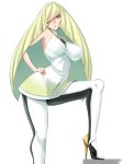  big_breasts blonde blonde_hair breasts covered_nipples hair_over_one_eye hand_on_hip huge_breasts large_breasts leg_up long_hair looking_at_viewer lusamine milf non-nude pokemon pokemon_sm tamezou very_long_hair 