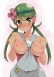  1girl apron areolae bare_shoulders between_breasts big_breasts blush breasts breasts_out breasts_outside clothes_between_breasts dark_skin eyebrows_visible_through_hair flower green_eyes green_hair hair_flower hair_ornament looking_at_viewer mallow mallow_(pokemon) mao_(pokemon) medium_breasts nipples overalls pokemon pokemon_(game) pokemon_sm pout solo trial_captain twin_tails tyranu upper_body 
