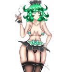  1girl dilane93 green_eyes green_hair hand_on_hip holding_object looking_at_viewer maid maid_headdress maid_outfit maid_uniform one-punch_man small_breasts stockings tatsumaki thick_thighs wide_hips 