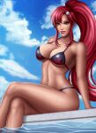  1girl alluring bikini female_abs flowerxl outside redhead sitting swimming_pool tengen_toppa_gurren-lagann yoko_littner 