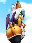  1girl 2017 anthro ass bat big_ass big_breasts breasts clothed clothing eyelashes furry gloves invalid_tag looking_back mammal nipples pants_down partially_clothed pussy revtilian rouge_the_bat sega sideboob smile wings 