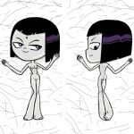  1girl bald_pussy barefoot bob_cut completely_nude completely_nude_female dat_ass dc_comics dcau forehead_jewel grey_skin lying_on_back lying_on_stomach multiple_poses purple_eyes purple_hair raven_(dc) short_hair smile tagme teen_titans teen_titans_go 