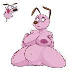  1girl 2017 anthro belly big_breasts breast_rest breasts canine cartoon_network courage courage_the_cowardly_dog courage_the_cowardly_dog_(character) crossgender cute dog fur furry hand_on_breast high_res komponi lol_comments mammal navel nipples nude pink_fur pink_nipples pussy simple_background slightly_chubby white_background 