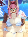  1girl 2017 5_fingers anthro beach bikini black_nose blue_sky breasts brown_fur canine cleavage clothed clothing cloud dessert food fox front_view fur furry gloves_(marking) green_eyes hair hair_ribbon happy high_res holding_object ice_cream kame_3 kemono long_hair looking_at_viewer mammal markings navel open_mouth outside pink_hair ponytail ribbons sea seaside signature sky slightly_chubby swimsuit tan_fur thick_thighs water 