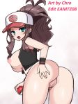 1girl :o ass blue_eyes bottomless breasts breasts_out breasts_out_of_clothes brown_hair chro chro_(rulurullu) creatures_(company) eamtz08 edit female_only female_protagonist_(pokemon_bw2) game_freak hand_on_ass hilda_(pokemon) holding holding_poke_ball humans_of_pokemon light-skinned_female looking_at_viewer looking_back nintendo nude_filter poke_ball pokemon pokemon_(anime) pokemon_(game) pokemon_black_2_&amp;_white_2 pokemon_black_and_white pokemon_bw pokemon_bw2 pussy shirt_open touko_(pokemon) white_(pokemon)