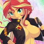  1_girl 1girl breasts equestria_girls female female_only fingerless_gloves friendship_is_magic long_hair looking_at_viewer my_little_pony no_bra partially_clothed solo sunset_shimmer sunset_shimmer_(eg) two-tone_hair unzipped 
