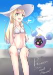  1_girl 1girl :d bikini blonde blonde_hair blunt_bangs cloud collarbone condensation_trail copyright_name cosmog day daytime frilled_bikini frills hat highres lens_flare lillie lillie_(pokemon) long_hair looking_at_viewer minowa_sukyaru navel ocean outdoors outside pokemon pokemon_(creature) pokemon_(game) pokemon_sm shadow side-tie_bikini sitting sky small_breasts smile stomach sun_hat swimsuit water white_bikini white_hat white_swimsuit wingull 