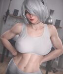  1girl 1girl 1girl 3d abs alluring ass athletic_female big_breasts breasts female_abs female_only fit_female lingerie looking_at_viewer looking_back nerohunter6 nier nier:_automata nier_(series) nipple_piercing nipple_piercing nude nude_female sports_bra square_enix thick_thighs thong thong_only white_hair yorha_2b yorha_no._2_type_b 