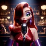  ai_generated big_breasts big_lips earrings green_eyes jessica_rabbit long_sleeves looking_at_viewer microphone red_dress red_hair red_lipstick redhead singing who_framed_roger_rabbit 