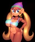  1girl anthro bare_shoulders big_breasts black_background blonde_hair blue_eyes bottomless breasts brown_fur clothed clothing donkey_kong_(series) ear_piercing eyeshadow fur furry hair hand_on_butt hat high_res jewelry long_hair makeup mammal monkey nintendo nitro piercing primate seductive sexy sexy_body sexy_breasts shirt simple_background smile standing tiny_kong video_games 