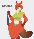  1girl 1girl 4_fingers absurd_res acstlu anthro black_nose bottomless breasts canine clothed clothing crossgender digital_media_(artwork) disney english_text eyelashes fox front_view fur furry gloves_(marking) green_eyes grey_background high_res mammal markings multicolored_fur navel neck_tie nick_wilde panties shirt simple_background skimpy smile standing text underwear undressing wide_hips zootopia 