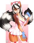  &lt;3 1girl 1girl 2015 absurd_res amber_eyes anthro belt black_fur black_hair blush bow bra breasts brown_fur cleavage clothed clothing digital_media_(artwork) dress fully_clothed fur furry gloves hair hair_bow hair_ribbon hat high_res legwear long_hair looking_at_viewer multicolored_hair nurse nurse_uniform open_mouth panties pink_nose ribbons ringtail short_dress skirt smile spittfire_(artist) standing stockings striped_panties syringe tongue tongue_out two_tone_hair underwear uniform white_fur white_hair 