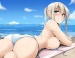  1girl 1girl 1girl ass bare_shoulders barefoot beach big_breasts bikini blue_bikini blue_eyes blue_sky blush breast_rest breasts brown_hair closed_mouth crossed_arms day feet from_behind graf_zeppelin_(kantai_collection) hair_between_eyes horizon kantai_collection leg_lift light_brown_hair long_hair looking_at_viewer looking_back lying ocean on_stomach outside sand side-tie_bikini sideboob sky smile string_bikini swimsuit tied_hair trefoil twin_tails untied untied_bikini water zekkyon 